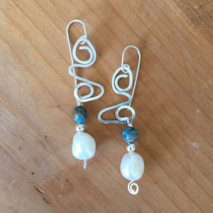 Wire Wrapped Sterling Silver Pearl & Bead Earrings